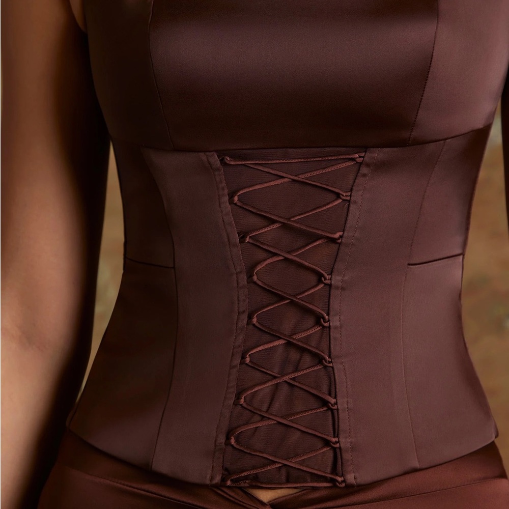 Oh Polly Longline Lace Up Corset Top in Brown